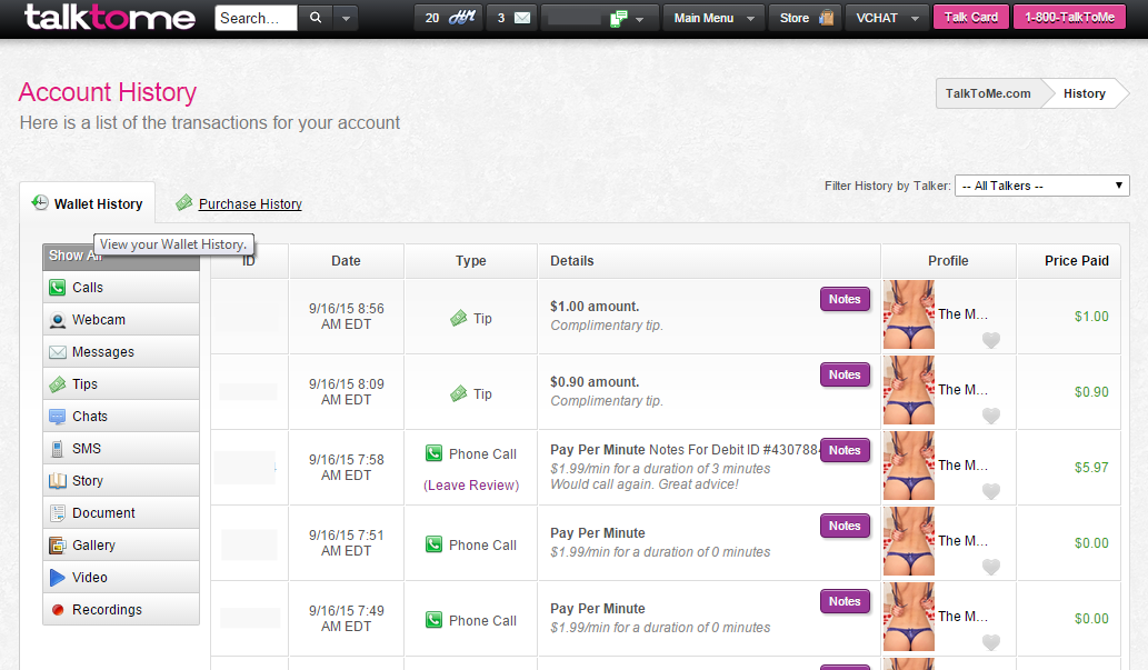 TalkToMe.com's Wallet History Page.
